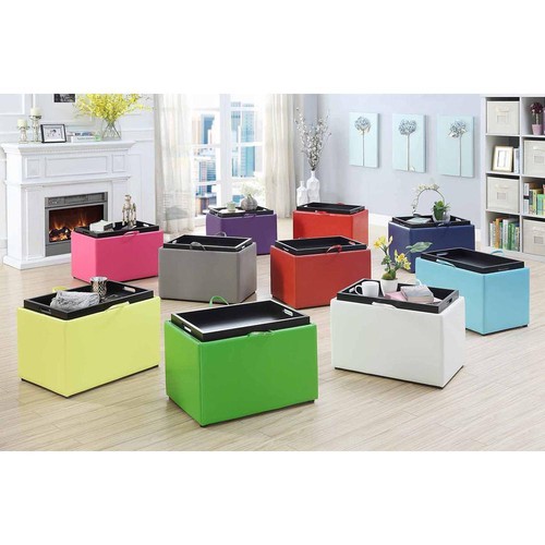 Designs4Comfort Accent Storage Ottoman with Reversible Tray Blue Faux Leather - Picture 3 of 6