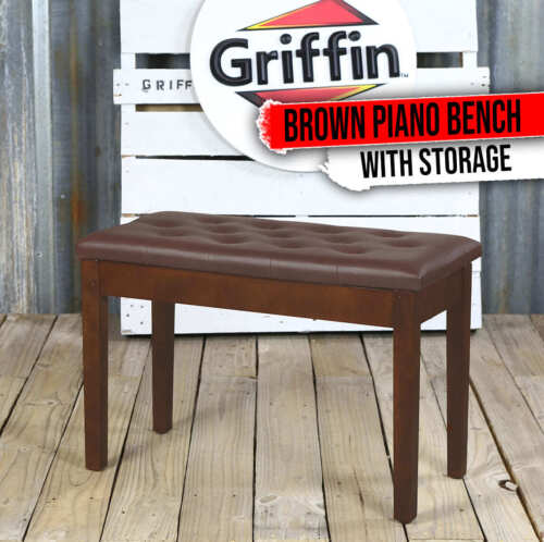 GRIFFIN Brown Leather Piano Bench Wood Keyboard Seat Music Storage Guitar Stool - Picture 1 of 13