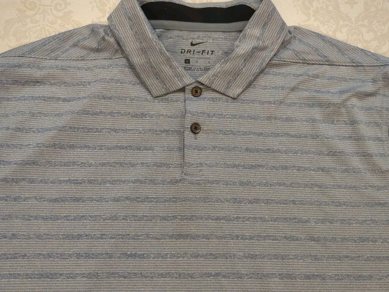 NIKE GOLF dri fit polo L blue/gray stripes 94% polyester 6% spandex