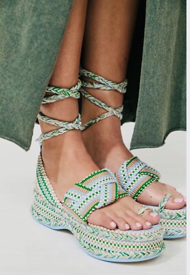 Anthropologie Amambaih Women Manuela Green Blue Strappy Wedge Sandals EU 36 5 US
