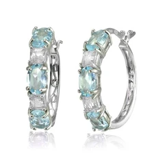 Oval Blue Topaz & Princess-Cut White Topaz Filigree Hoop Earrings in 925 Silver