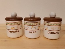 3 BARATTOLI contenitori PORTASPEZIE cucina Nuovacer, porcellana / legno, vintage