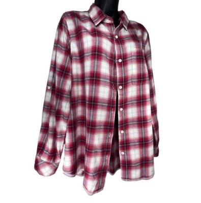 DYLAN Shadow Button Up Flannel Shirt M Red White Plaid Long Sleeve 100% Cotton