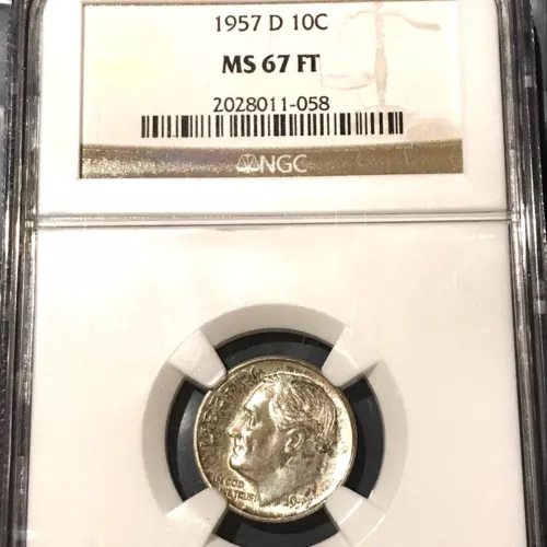 1957 D ROOSEVELT DIME NGC MS67 FT FULL TORCH  FB FULL BAND     T99