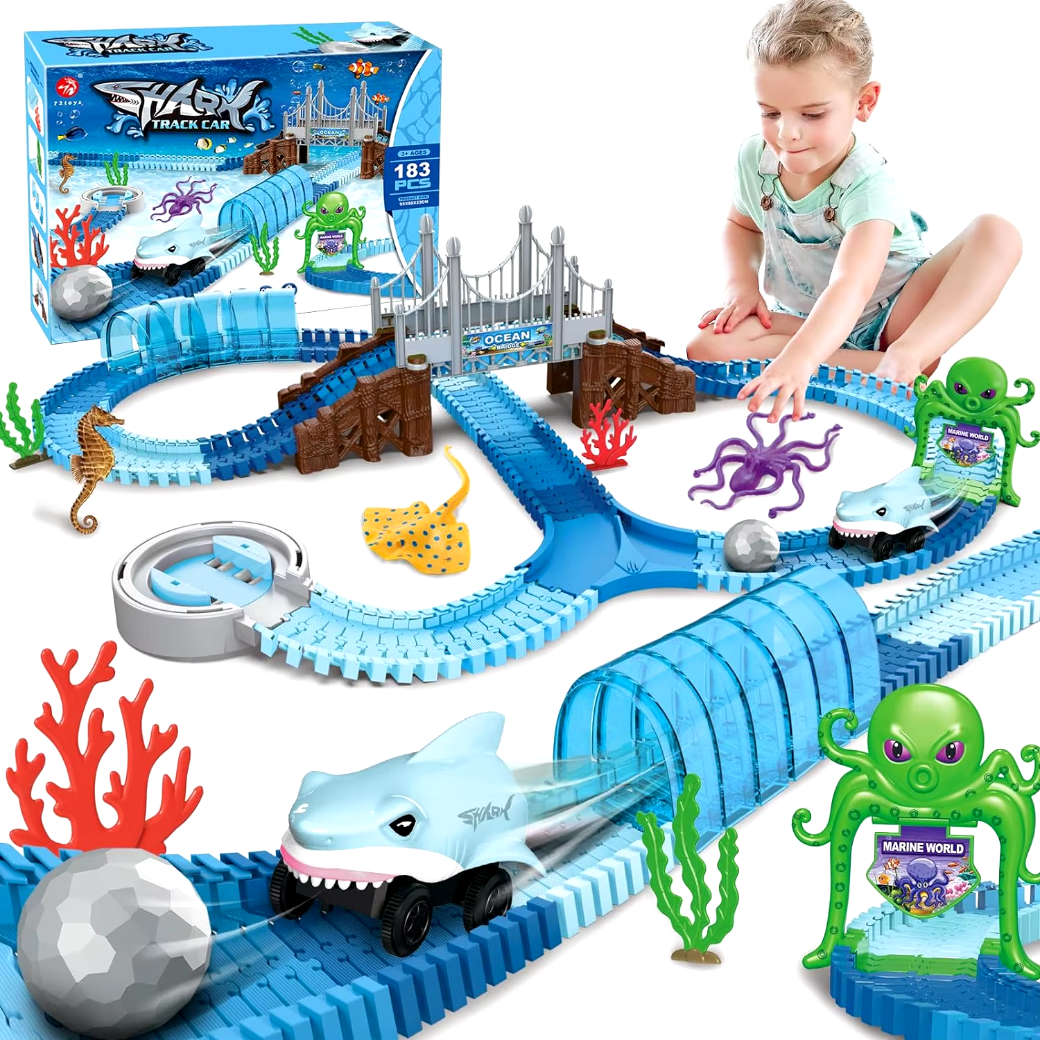 Shark Race Car Track Set for Kids 3+ - Bendable STEM Ocean Toy