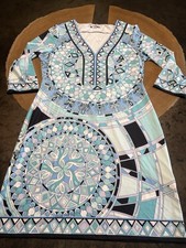 EMILIO PUCCI DRESS SZ 42 Y2K FUILIO SCRIPT TURQUOISE BLUE GEOMETRIC PATTERNED