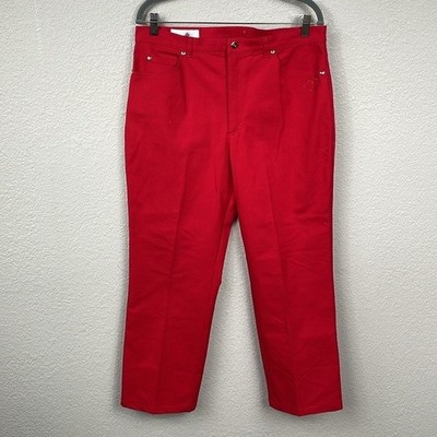 Escada Red Straight Leg Ankle Jeans Heart Crystal Rhinestone Designer Sz 46