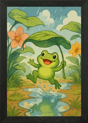 Happy Frog in the Rain Illustration Framed Wall Art Poster Canvas Print Picture