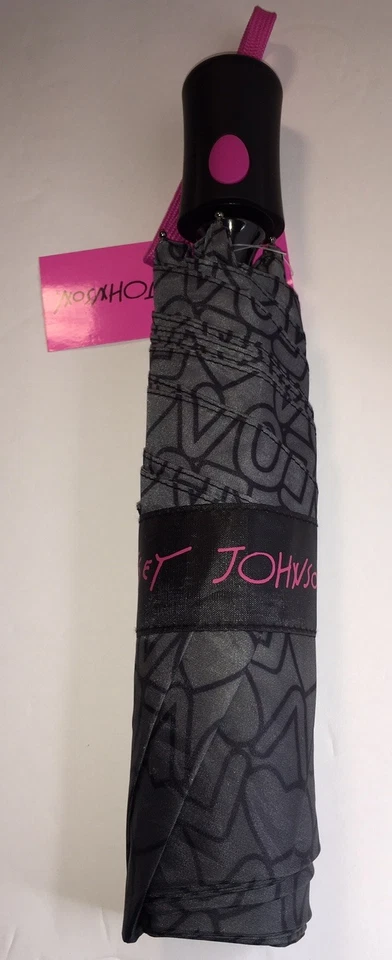 BETSEY JOHNSON COMPACT UMBRELLA HEARTS ❤️  LUV DESIGN Gray~Black Auto Open  NWT - Image 2 of 4