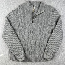 LL Bean Cotton Lambs Wool Blend Sweater Cable Knit Fisherman Quarter Zip XL Grey