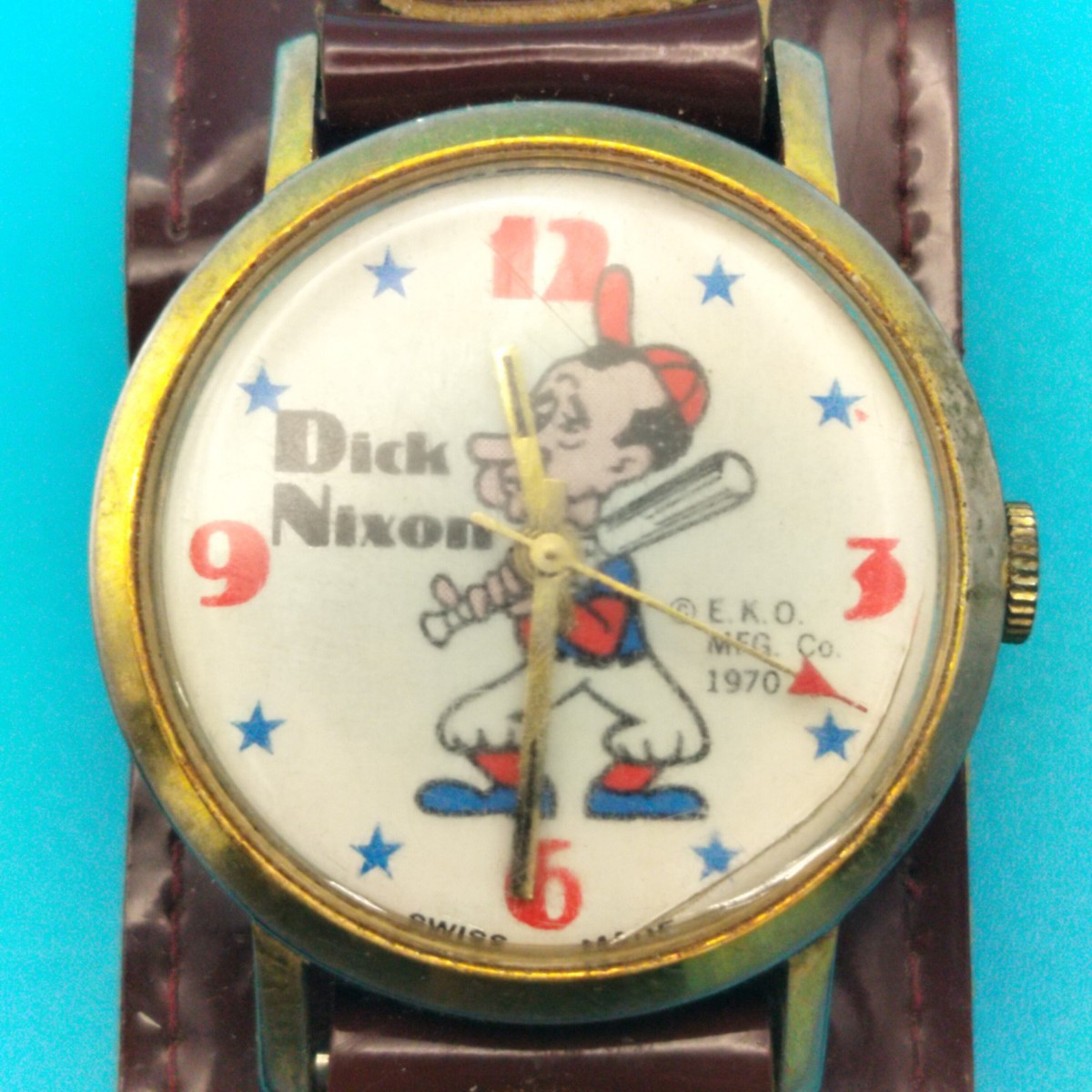 Vintage 1970 Dick Nixon Baseball Cartoon Watch E.K.O. Swiss Made