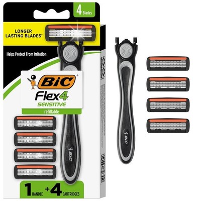 BIC Flex 4 Refillable Men's Razor Sensitive Skin 1 Handle 4 Cartridges, 5 Count