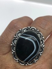 Vintage Handmade Black and White agate White Bronze Silver Gothic Ring