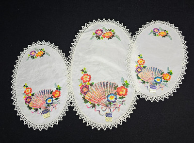 3 New Bendee Taffeta Acetate Dresser Scarf Oval Doily Floral Fans Lace Trim