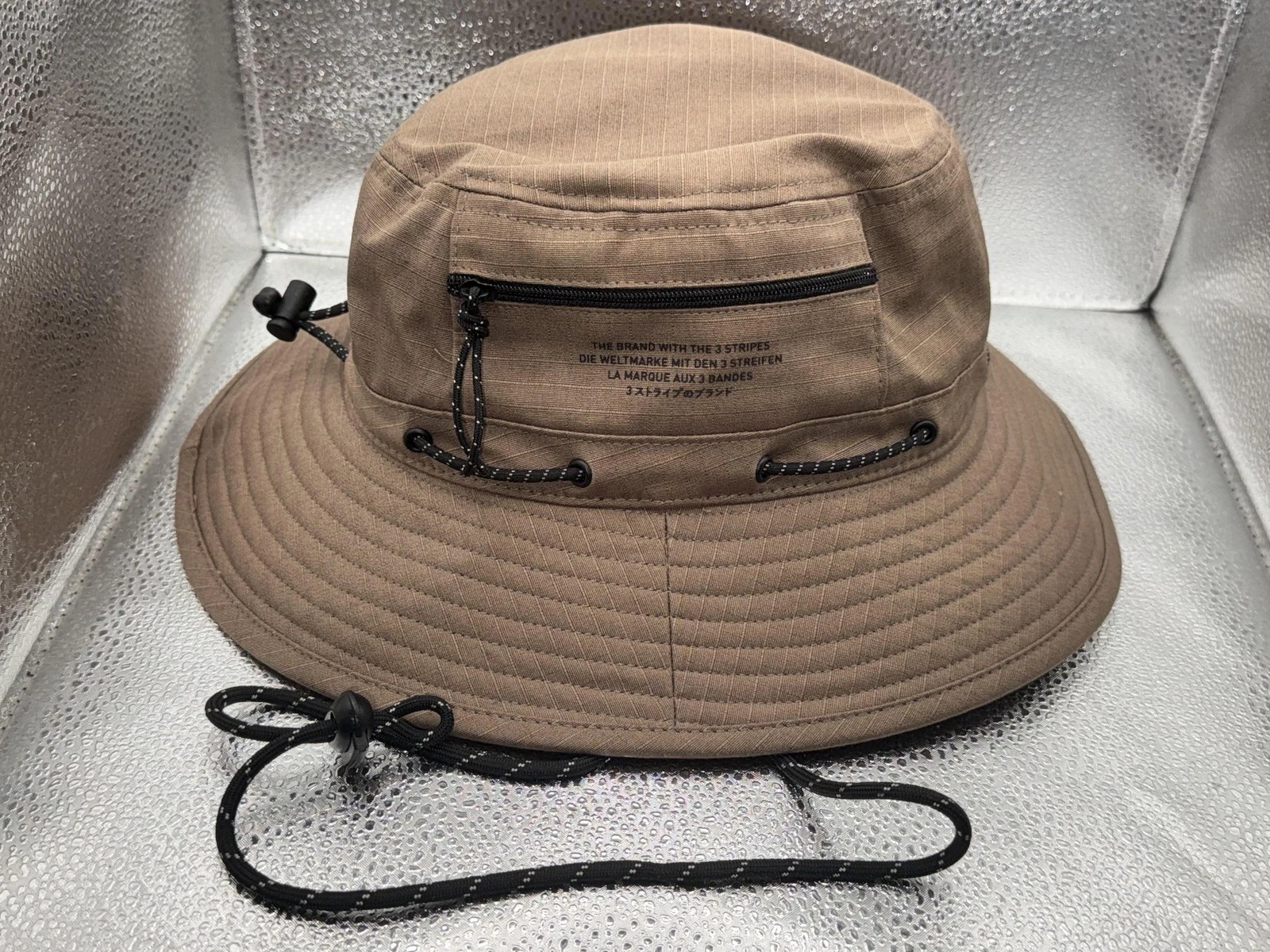 Adidas Hat Bucket Mens Brown Boonie Wide Brim Chin Strap Zip Pocket Ripstop