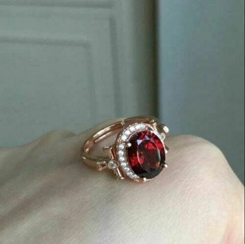 Anillo de aniversario de diamantes y granate natural corte ovalado de 3,80 quilates de oro rosa de 14 k 7 Foto 2 de 4