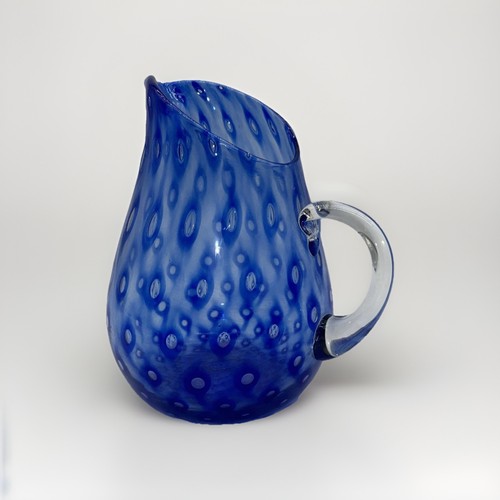 VTG Handblown Glass Cobalt Blue Hobnail Style Pitcher Applied Clear Handle 7” - Picture 2 of 13