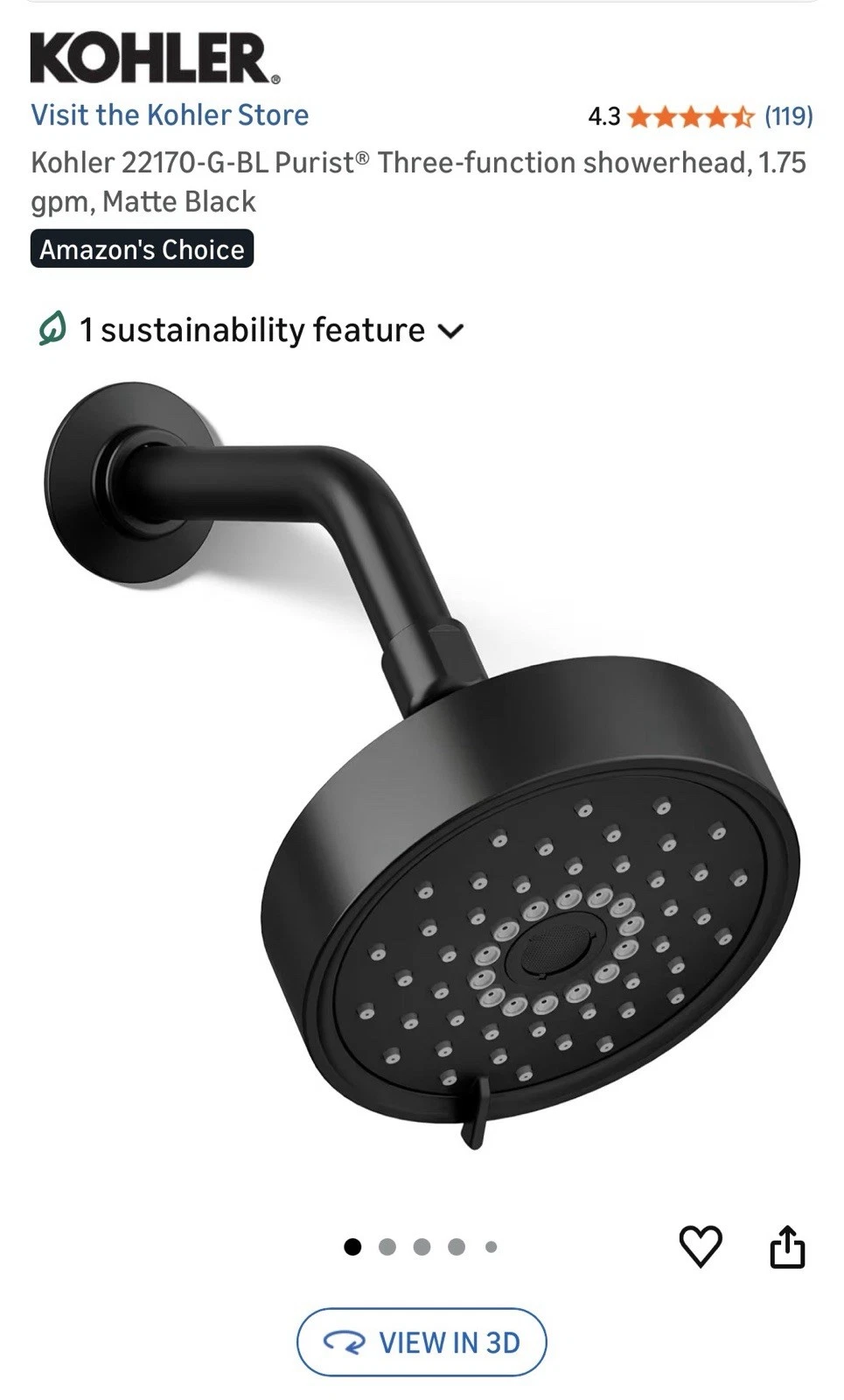 Kohler Purist Multi-Function Shower Head 1.75 GPM Matte Black Metal 22170-G-BL