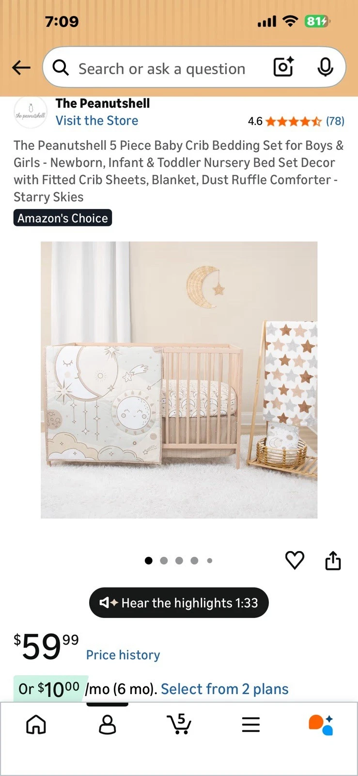 The Peanutshell 5 Piece Baby Crib Bedding Set for Boys & Girls - Crib, Beige
Opens in a new window o