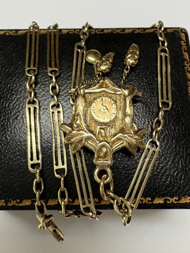 MENS RETRO ANTIQUE 14K GOLD FANCY LINK POCKET WATCH CHAIN, CUCKOO CLOCK FOB - Picture 6 of 13