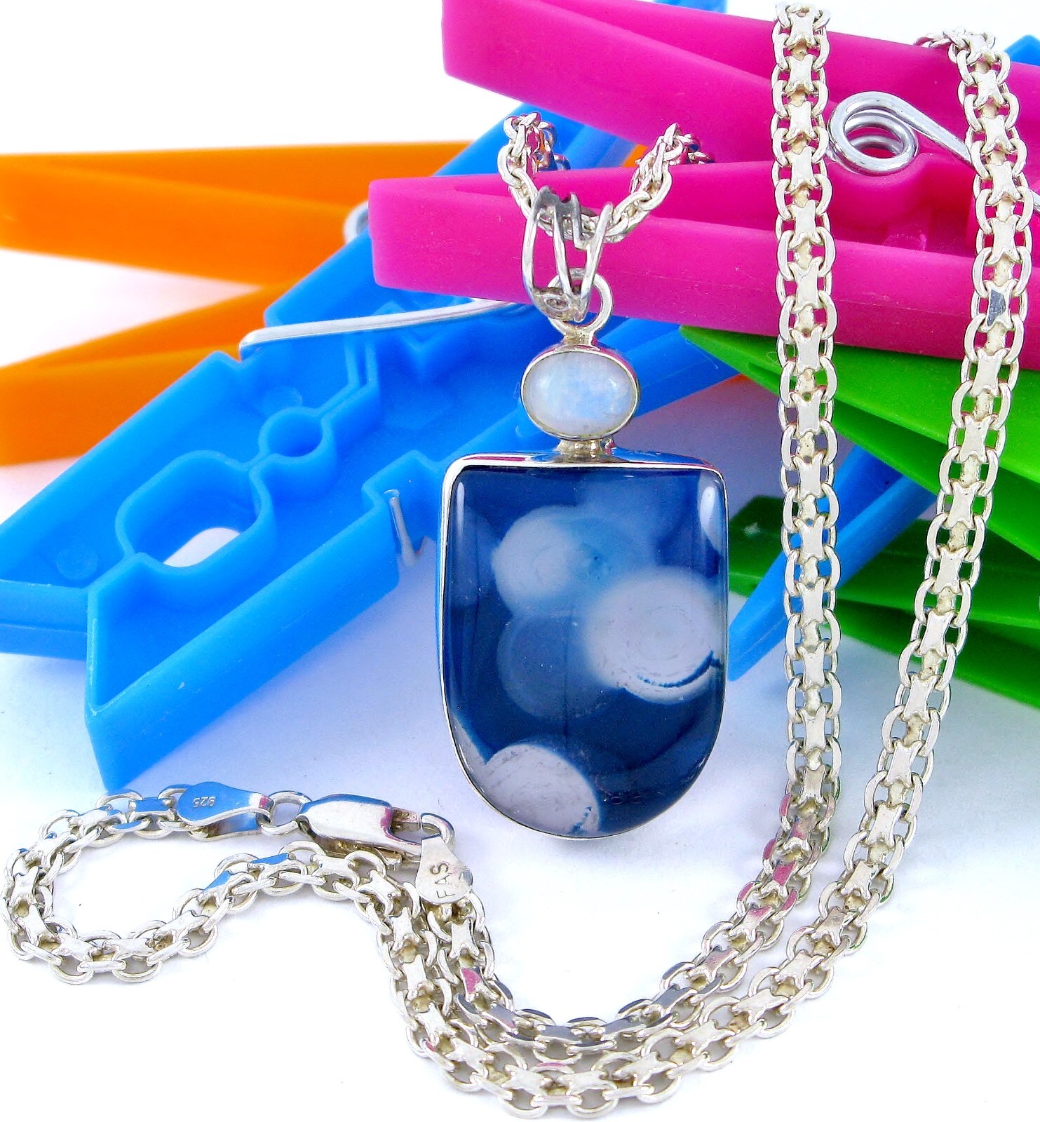 Solid Sterling Silver 925 Blue Agate Stone 18" Ne… - image 3