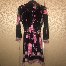 Vintage VTG Black Pink Green Multi-Color Floral Half Shirt Dress 6 8 Medium M