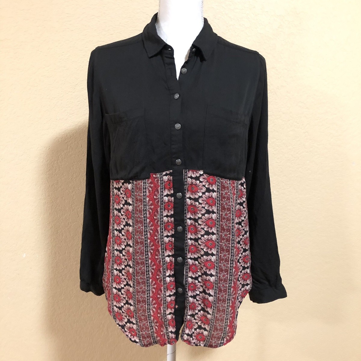 Chemise Free People Noir & Rouge à Fleurs - Style Western Boho - Taille S