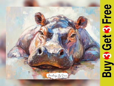 Vivid Hippo in Water, Oil Painting Print 5''x7'' on Matte Paper