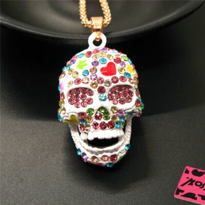 New Fashion Lady White Enamel Cute Love Skull Crystal Pendant