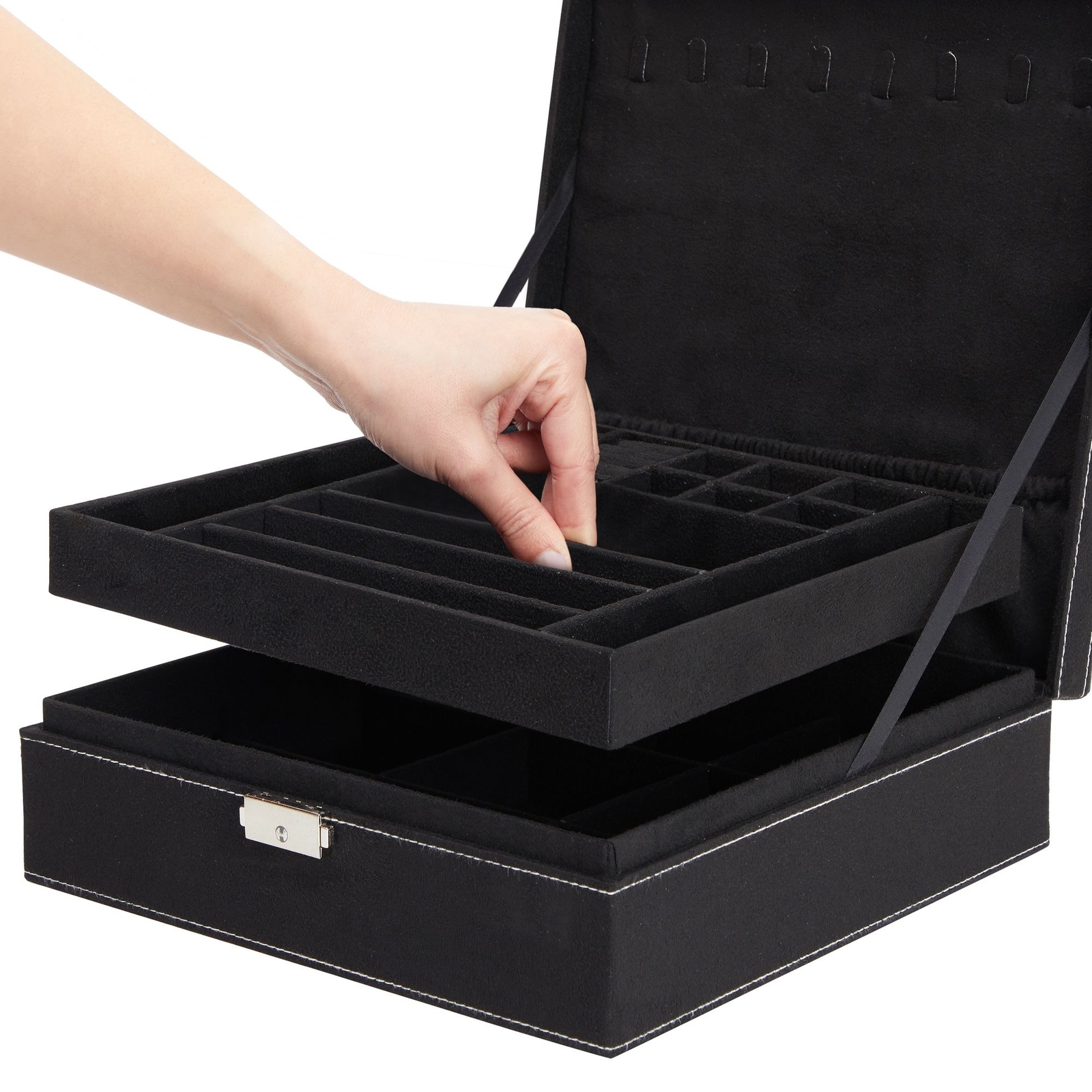 Velvet Jewelry Box Organizer with Lock - 2 Layer Travel Case, Jewelry Storage