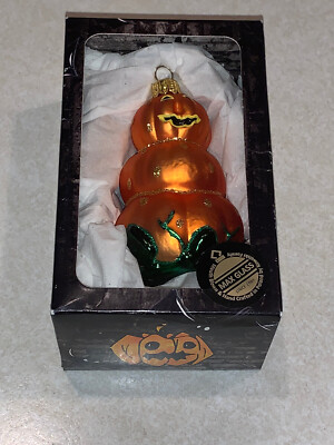 Max Glass Halloween Blown Glass Pumpkin Stack Glitter Ornament Poland New In Box