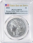 2021-P MORGAN SILVER DOLLAR PCGS MS70 FIRST DAY OF ISSUE FDOI FLAG LABEL