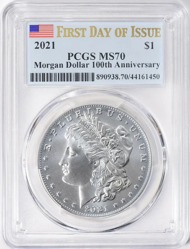 2021-P MORGAN SILVER DOLLAR PCGS MS70 FIRST DAY OF ISSUE FDOI FLAG LABEL