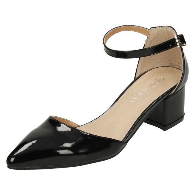 black ankle strap court heels