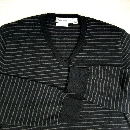 Calvin Klein Men's Size L Large Sweater Italian Yarn Black Gray Striped Pullover - Picture 2 of 14