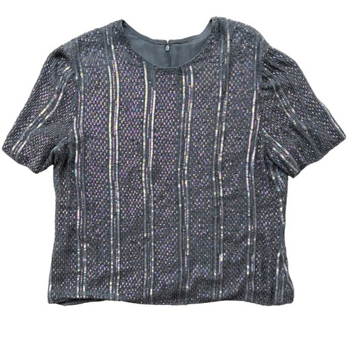 Camisa de noche Bill Blass 14 gris pastel lentejuelas cuentas manga corta torso formal - Imagen 8 de 9