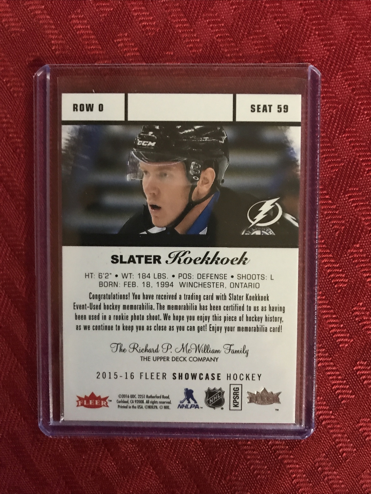 FILA 2015 16 Fleer Showcase SLATER KOEKKOEK Rookie Material Jersey RC Row 0 Seat 59