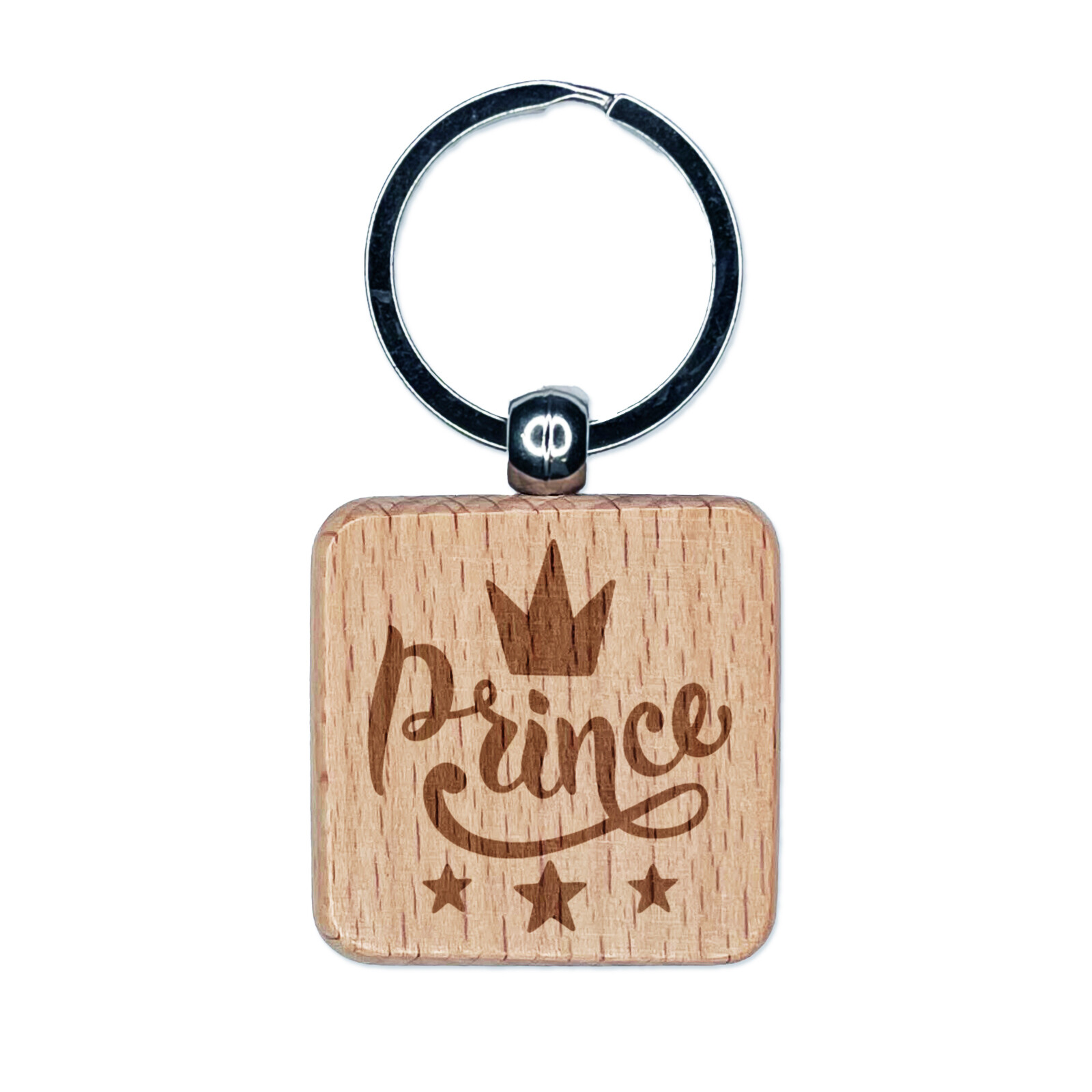 Prince Cursive Wood Keychain with Crown & Stars Engraving