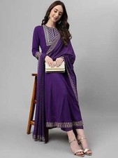 Wedding Festival Party Wear Purple Cotton Embroidery Work Kurta Pant Dupatta