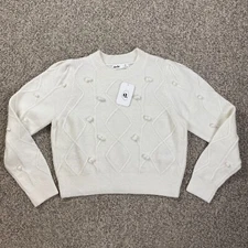 Elodie Sweater Womens Medium Ivory Soft Knit Puff Sleeve Cropped Pullover