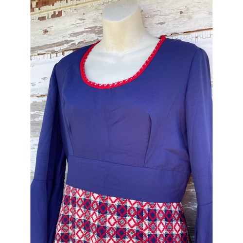 Vintage 1970s MOD Blue And Red Maxi Dress Full Drape Sleeves - Picture 20 of 23