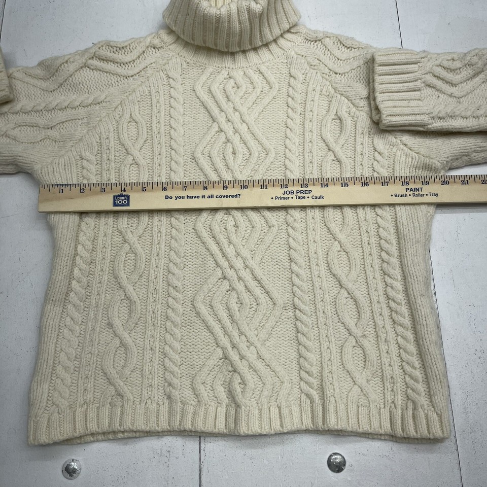 Vintage Paul James White Wool Fisherman Cable Knit Turtleneck Sweater