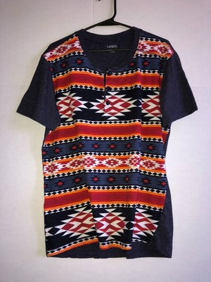Carbon Mens Short Sleeve Causal Henley Geometric / Aztec Print Large