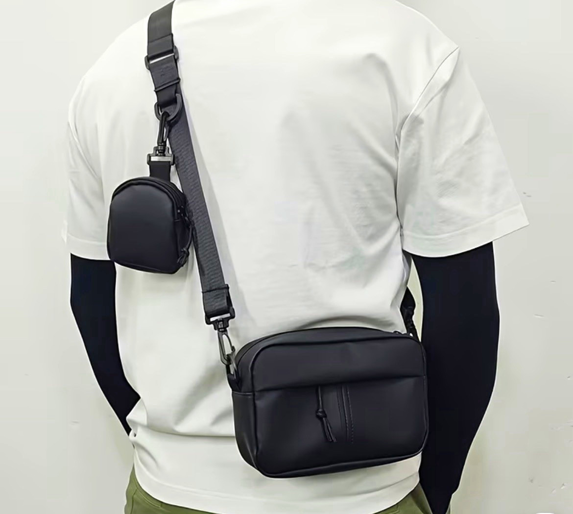 Black Unisex Crossbody Bag Zip Closure Adjustable Strap Small Pouch Solid