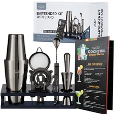 Mixology Black Bartender Kit with Japanese Jigger & Stand - 13 Piece Stainles...