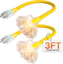 3 Ft 12 Gauge Heavy Duty 3 Outlet Extension Cord Splitter with Indicator, Waterp