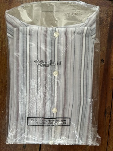 VINTAGE 1980S ROCOLA LIGHT GREY STRIPED LONG SLEEVE SHIRT 16' MADE IN BRITAIN - Picture 2 of 3