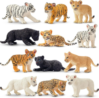 12 Stück Wald Tiere-Figuren Set Löwe Tiger Leoparden Spielfiguren Spielzeug Klei