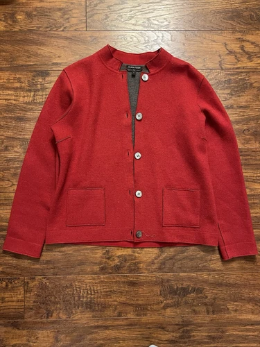Eileen Fisher Small Cardigan Blazer Sweater Red Merino Wool Blend Jacket Button