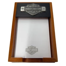 Vtg 00 Harley Davidson Wood Desktop Memo Notepad Holder & Paper Hallmark Cards